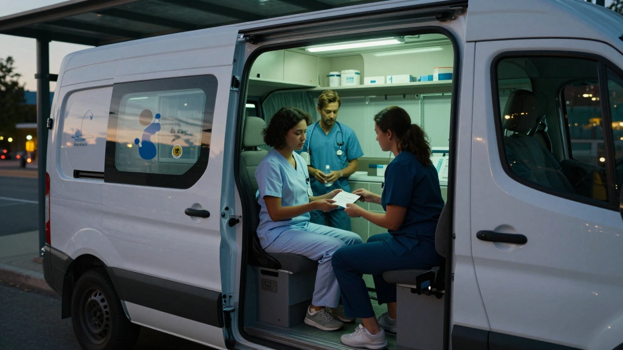 A mobile health van at dusk, nurse handing test results to a woman inside, city lights in background.