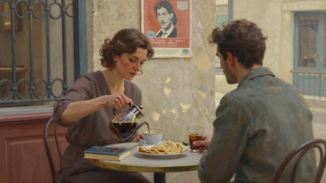A quiet café scene in Aix with coffee and books on a table, soft sunlight filtering through shutters.