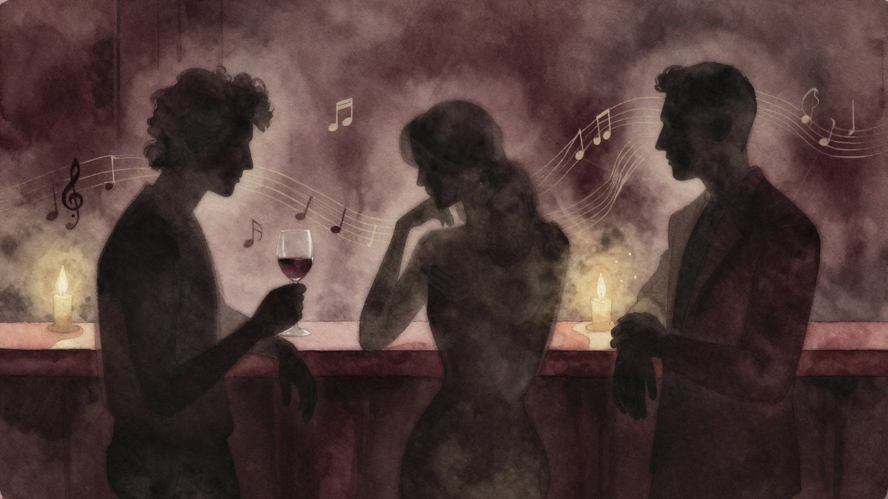 Abstract figures connected by golden threads in a dim jazz bar, conveying quiet human connection.