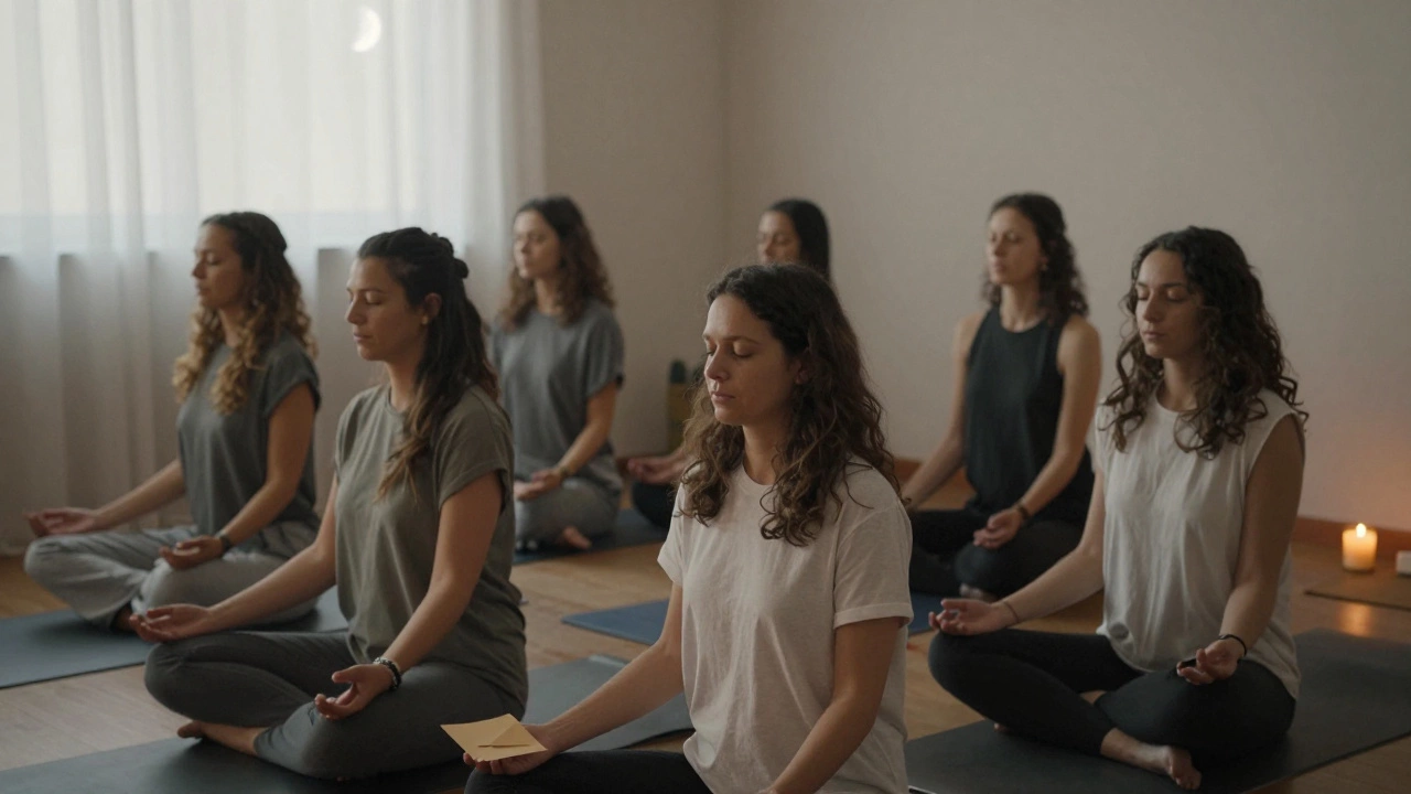 Women in silent meditation during a breathwork circle, moonlight filtering through curtains.